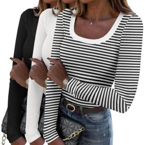 Zeagoo Women’s Long Sleeve Scoop Neck Shirts Casual Slim Fit Rib Knit Tops Summer Fall Basic Business Work Tee(Black+white+stripes)