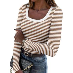 Zeagoo Women’s Long Sleeve Scoop Neck Shirts Casual Slim Fit Rib Knit Tops Summer Fall Basic Business Work Tee(Brown White Stripe)
