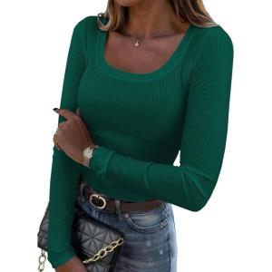 Zeagoo Women’s Long Sleeve Scoop Neck Shirts Casual Slim Fit Rib Knit Tops Summer Fall Basic Business Work Tee(Dark Green)