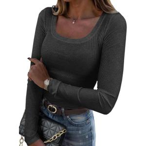 Zeagoo Women’s Long Sleeve Scoop Neck Shirts Casual Slim Fit Rib Knit Tops Summer Fall Basic Business Work Tee(Dark Grey2)