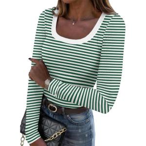 Zeagoo Women’s Long Sleeve Scoop Neck Shirts Casual Slim Fit Rib Knit Tops Summer Fall Basic Business Work Tee(Green White Stripe)