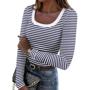 Zeagoo Women’s Long Sleeve Scoop Neck Shirts Casual Slim Fit Rib Knit Tops Summer Fall Basic Business Work Tee(Navy White Stripe)