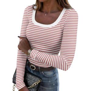 Zeagoo Women’s Long Sleeve Scoop Neck Shirts Casual Slim Fit Rib Knit Tops Summer Fall Basic Business Work Tee(Pink White Stripe)