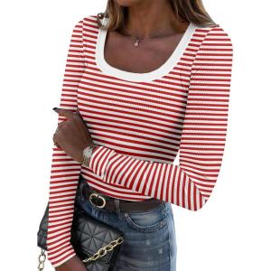 Zeagoo Women’s Long Sleeve Scoop Neck Shirts Casual Slim Fit Rib Knit Tops Summer Fall Basic Business Work Tee(Red White Stripe)
