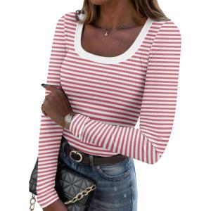 Zeagoo Women’s Long Sleeve Scoop Neck Shirts Casual Slim Fit Rib Knit Tops Summer Fall Basic Business Work Tee(Rosy Pink Stripe)