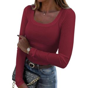 Zeagoo Women’s Long Sleeve Scoop Neck Shirts Casual Slim Fit Rib Knit Tops Summer Fall Basic Business Work Tee(Wine Red)