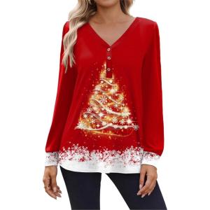 Zeagoo Women’s Long Sleeve Shirts V Neck Dressy Casual Tops Trendy Button Down Blouse Fall Fashion Work Clothes(01-christmas Red)