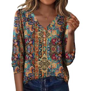 Zeagoo Women’s Long Sleeve Shirts V Neck Dressy Casual Tops Trendy Button Down Blouse Fall Fashion Work Clothes(Bohemian-1)