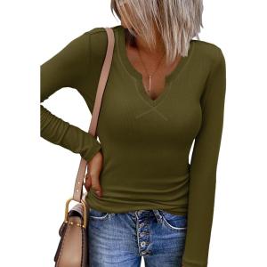 Zeagoo Womens Long Sleeve Shirts V-Neck Rib Knit Slim Fit Tops Casual Stretch Basic Tee Going Out Top Fall Fashion 2025(Army Green)