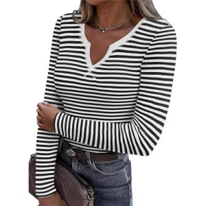 Zeagoo Womens Long Sleeve Shirts V-Neck Rib Knit Slim Fit Tops Casual Stretch Basic Tee Going Out Top Fall Fashion 2025(Black White Stripe)