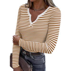 Zeagoo Womens Long Sleeve Shirts V-Neck Rib Knit Slim Fit Tops Casual Stretch Basic Tee Going Out Top Fall Fashion 2025(Caramel White Stripe)