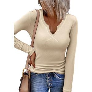 Zeagoo Womens Long Sleeve Shirts V-Neck Rib Knit Slim Fit Tops Casual Stretch Basic Tee Going Out Top Fall Fashion 2025(Coffee)