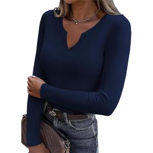 Zeagoo Womens Long Sleeve Shirts V-Neck Rib Knit Slim Fit Tops Casual Stretch Basic Tee Going Out Top Fall Fashion 2025(Navy Blue)