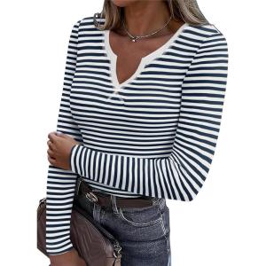 Zeagoo Womens Long Sleeve Shirts V-Neck Rib Knit Slim Fit Tops Casual Stretch Basic Tee Going Out Top Fall Fashion 2025(Navy White Stripe)