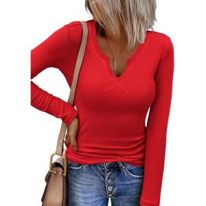 Zeagoo Womens Long Sleeve Shirts V-Neck Rib Knit Slim Fit Tops Casual Stretch Basic Tee Going Out Top Fall Fashion 2025(Red)