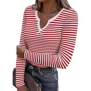 Zeagoo Womens Long Sleeve Shirts V-Neck Rib Knit Slim Fit Tops Casual Stretch Basic Tee Going Out Top Fall Fashion 2025(Red White Stripe)