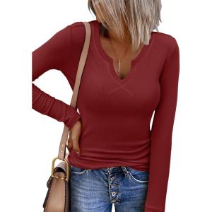 Zeagoo Womens Long Sleeve Shirts V-Neck Rib Knit Slim Fit Tops Casual Stretch Basic Tee Going Out Top Fall Fashion 2025(Wine Red)