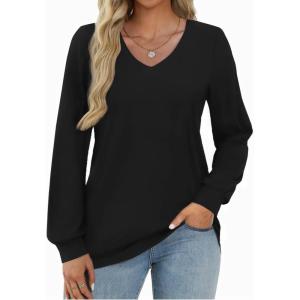 Zeagoo Womens Long Sleeve T Shirts V Neck Soft Basic Tee Loose Fit Casual Tops Winter Clothing(Black)