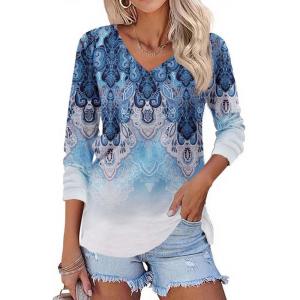 Zeagoo Womens Long Sleeve T Shirts V Neck Soft Basic Tee Loose Fit Casual Tops Winter Clothing(Boho Blue)