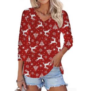 Zeagoo Womens Long Sleeve T Shirts V Neck Soft Basic Tee Loose Fit Casual Tops Winter Clothing(Christmas Red)