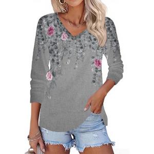 Zeagoo Womens Long Sleeve T Shirts V Neck Soft Basic Tee Loose Fit Casual Tops Winter Clothing(Grey Floral Hf36)