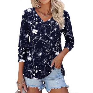 Zeagoo Womens Long Sleeve T Shirts V Neck Soft Basic Tee Loose Fit Casual Tops Winter Clothing(Navy Floral 180)