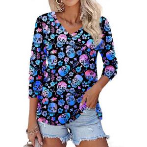 Zeagoo Womens Long Sleeve T Shirts V Neck Soft Basic Tee Loose Fit Casual Tops Winter Clothing(Orange Skeleton)