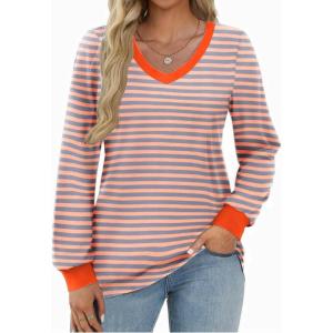 Zeagoo Womens Long Sleeve T Shirts V Neck Soft Basic Tee Loose Fit Casual Tops Winter Clothing(Pink Blue)