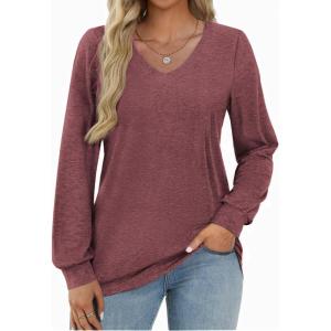 Zeagoo Womens Long Sleeve T Shirts V Neck Soft Basic Tee Loose Fit Casual Tops Winter Clothing(Wine Red)