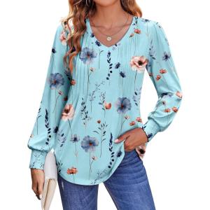 Zeagoo Women’s Puff Long Sleeve Shirts Pleated V Neck Fall Tunic Tops Blouse Dressy Casual Summer T-Shirts(Bf139)