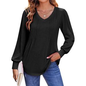 Zeagoo Women’s Puff Long Sleeve Shirts Pleated V Neck Fall Tunic Tops Blouse Dressy Casual Summer T-Shirts(Black)