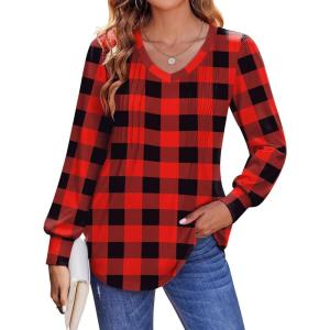 Zeagoo Women’s Puff Long Sleeve Shirts Pleated V Neck Fall Tunic Tops Blouse Dressy Casual Summer T-Shirts(Black Red Plaid)