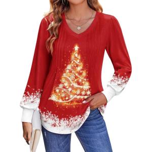 Zeagoo Women’s Puff Long Sleeve Shirts Pleated V Neck Fall Tunic Tops Blouse Dressy Casual Summer T-Shirts(Christmas Red)