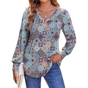 Zeagoo Women’s Puff Long Sleeve Shirts Pleated V Neck Fall Tunic Tops Blouse Dressy Casual Summer T-Shirts(Floral Blue Purple)
