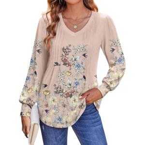 Zeagoo Women’s Puff Long Sleeve Shirts Pleated V Neck Fall Tunic Tops Blouse Dressy Casual Summer T-Shirts(Floral Champagne)