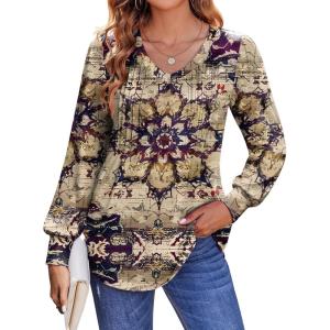 Zeagoo Women’s Puff Long Sleeve Shirts Pleated V Neck Fall Tunic Tops Blouse Dressy Casual Summer T-Shirts(Floral Khaki)