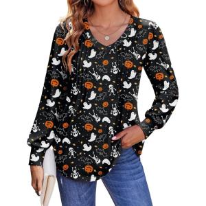 Zeagoo Women’s Puff Long Sleeve Shirts Pleated V Neck Fall Tunic Tops Blouse Dressy Casual Summer T-Shirts(Halloween 36)