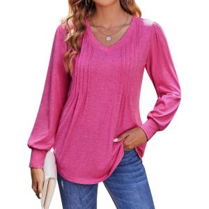 Zeagoo Women’s Puff Long Sleeve Shirts Pleated V Neck Fall Tunic Tops Blouse Dressy Casual Summer T-Shirts(Hot Pink)