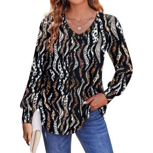 Zeagoo Women’s Puff Long Sleeve Shirts Pleated V Neck Fall Tunic Tops Blouse Dressy Casual Summer T-Shirts(Leopard 432)
