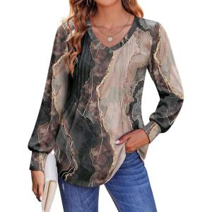 Zeagoo Women’s Puff Long Sleeve Shirts Pleated V Neck Fall Tunic Tops Blouse Dressy Casual Summer T-Shirts(Multicolor 278)