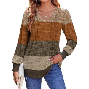 Zeagoo Women’s Puff Long Sleeve Shirts Pleated V Neck Fall Tunic Tops Blouse Dressy Casual Summer T-Shirts(Multicoloured 398)