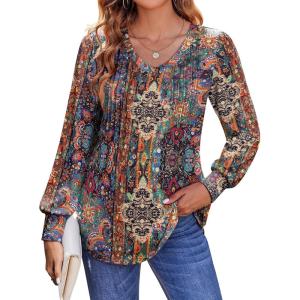 Zeagoo Women’s Puff Long Sleeve Shirts Pleated V Neck Fall Tunic Tops Blouse Dressy Casual Summer T-Shirts(Multicoloured 721)