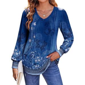 Zeagoo Women’s Puff Long Sleeve Shirts Pleated V Neck Fall Tunic Tops Blouse Dressy Casual Summer T-Shirts(Mz712)