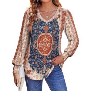 Zeagoo Women’s Puff Long Sleeve Shirts Pleated V Neck Fall Tunic Tops Blouse Dressy Casual Summer T-Shirts(Mz757)