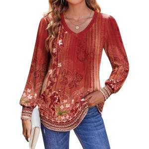 Zeagoo Women’s Puff Long Sleeve Shirts Pleated V Neck Fall Tunic Tops Blouse Dressy Casual Summer T-Shirts(Mz766)