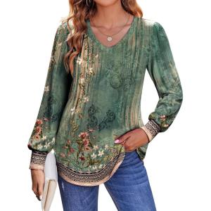 Zeagoo Women’s Puff Long Sleeve Shirts Pleated V Neck Fall Tunic Tops Blouse Dressy Casual Summer T-Shirts(Pa171)