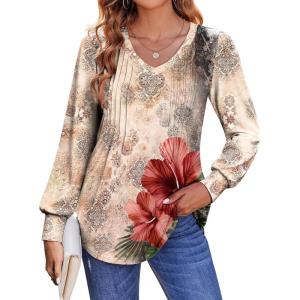 Zeagoo Women’s Puff Long Sleeve Shirts Pleated V Neck Fall Tunic Tops Blouse Dressy Casual Summer T-Shirts(Pa275)