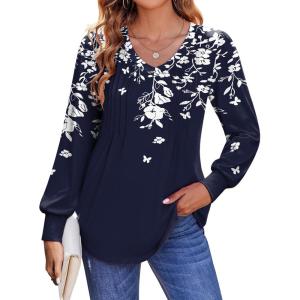 Zeagoo Women’s Puff Long Sleeve Shirts Pleated V Neck Fall Tunic Tops Blouse Dressy Casual Summer T-Shirts(Sf103)