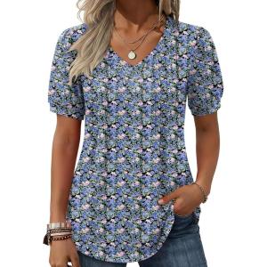 Zeagoo Women’s Puff Short Sleeve Boho Shirts Casual V Neck Floral Solid Summer Blouse Pleated Tunic Top(A-pa236)
