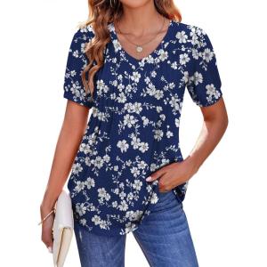 Zeagoo Women’s Puff Short Sleeve Boho Shirts Casual V Neck Floral Solid Summer Blouse Pleated Tunic Top(Bf126)